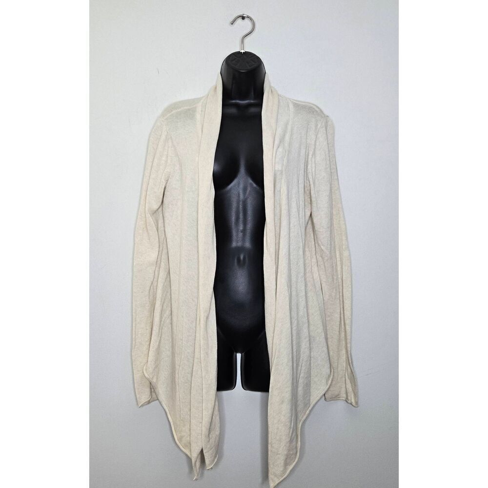 Prana Sweater Cardigan Size Large Cream Knit Open Front Flowy Waterfall Hem